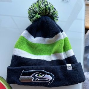 Women’s Blue and Teal Pom Pom Seahawks Beanie